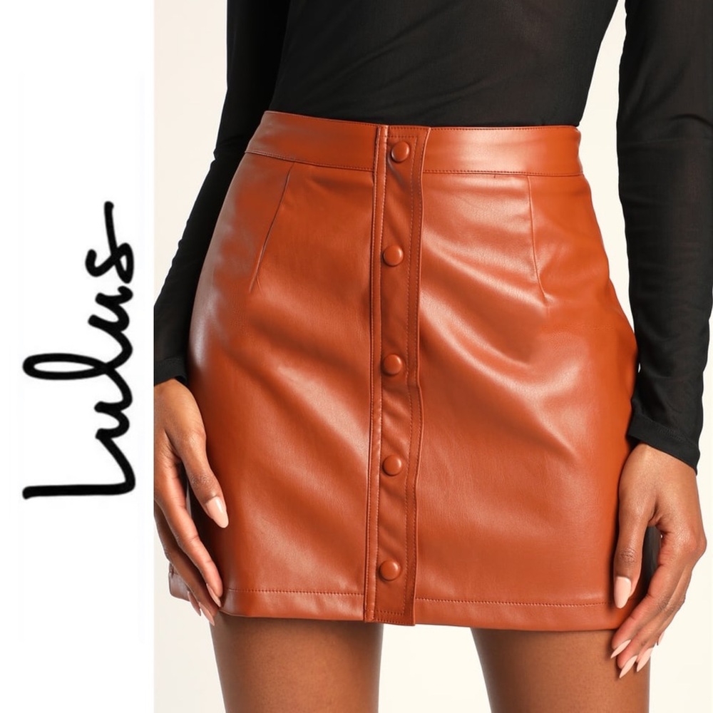 Most Fab Brown Vegan Leather Button-Front Mini Skirt